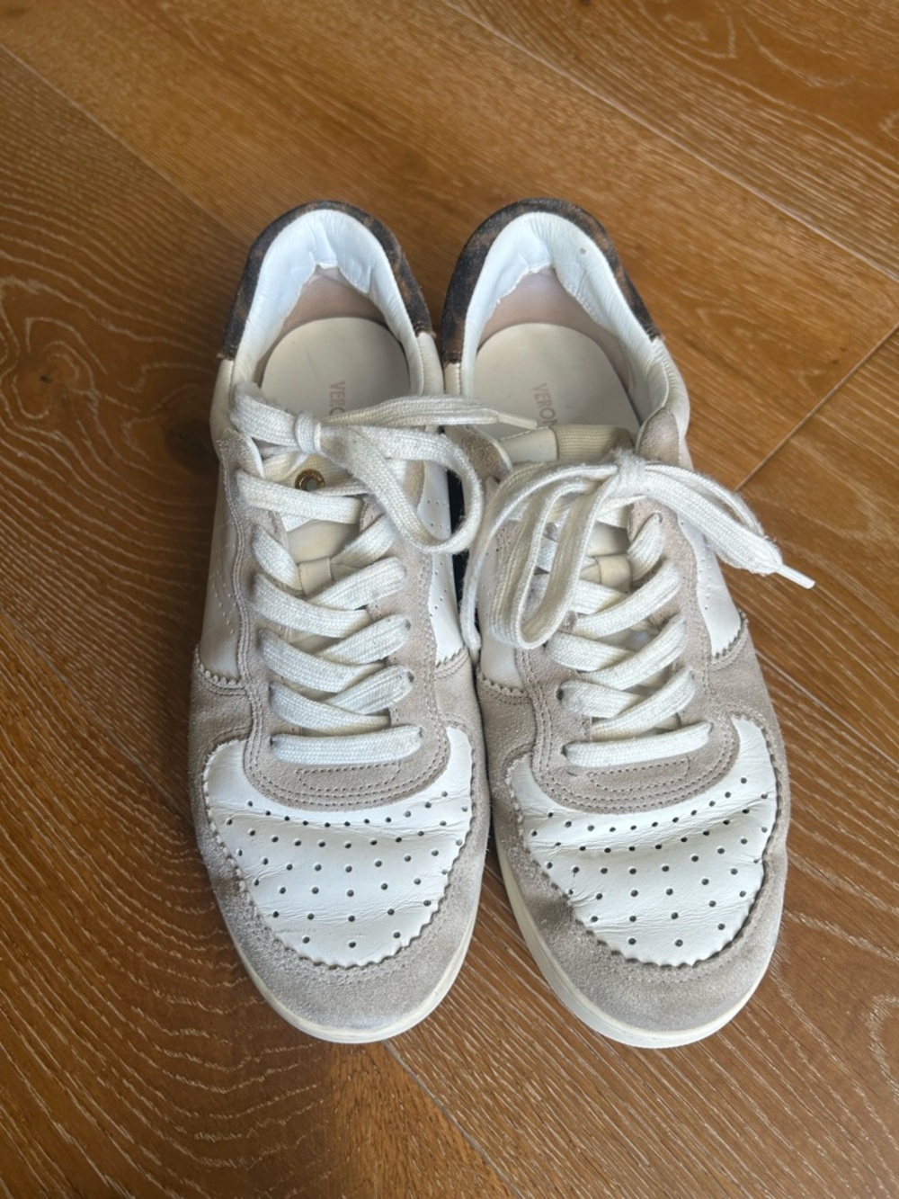 Veronica Beard Lennox White Leather and Taupe Suede-Trim Sneakers -Leopard Print - Picture 2 of 11